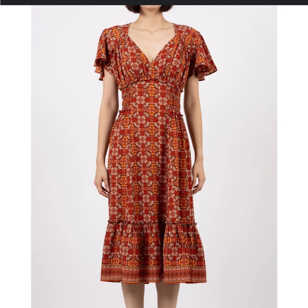 Max Studio Bohemian red orange feminine floral midi dress flutter sleeve Size Sm
